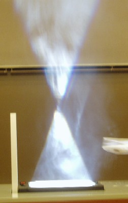 The smoke from the burned paper indicates clearly where the light from the overhead projector i focussed
