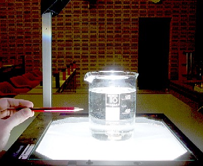 Et glas vand p en overheadprojektor kan anvendes til at mle brydningsindeks for vandet